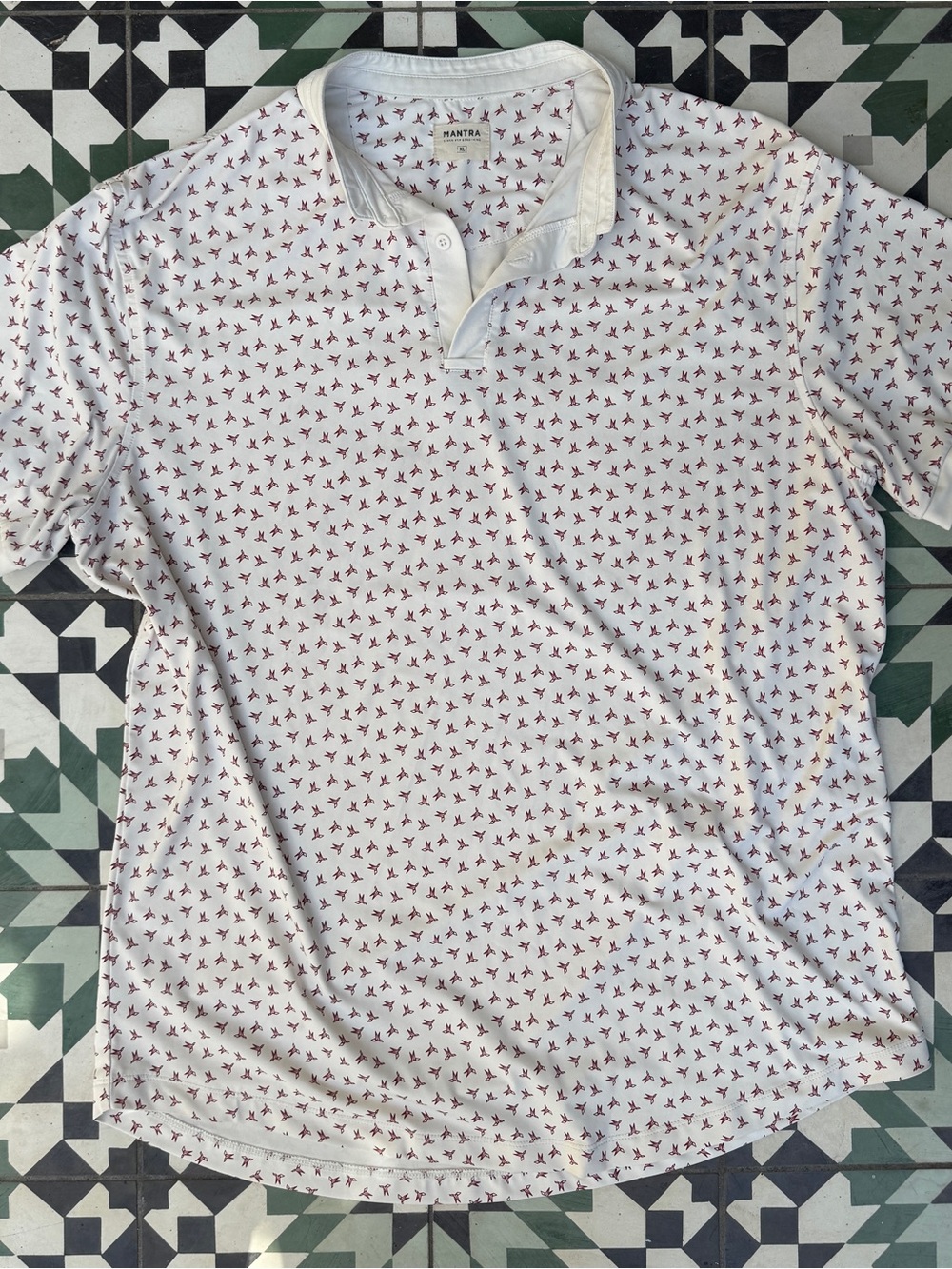 Mantra Off-White Collarless Polo with Maroon Paper Crane Pattern